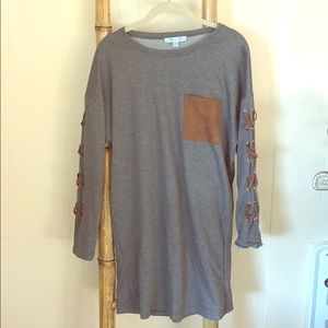 Gray Sweatshirt dress with faux suede pocket